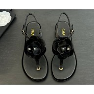 Chanel flat Camellia suede flip-flop sandals black 2025