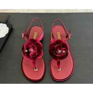 Chanel flat Camellia suede flip-flop sandals red 2025