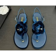 Chanel flat Camellia suede flip-flop sandals dark blue 2025