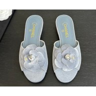 Chanel flat Camellia suede slipper lihgt blue 2025