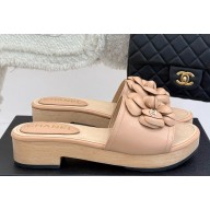 Chanel Camellia lambskin slippers heel 4cm nude 2025