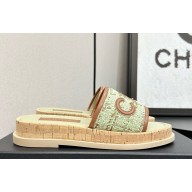 Chanel flat CC Tweed and leather mule green/brown 2025