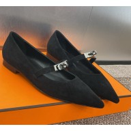 Hermes kiara pointed suede calfskin with kelly ballet flat black 2025