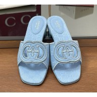 ‎Gucci women's Interlocking G cut-out slide sandals 790447 light blue GG canvas 2025