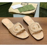 ‎Gucci women's Interlocking G cut-out slide sandals 790447 beige GG canvas 2025