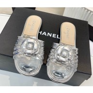 ‎Chanel Camellia lambskin flat slippers sliver 2025