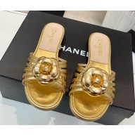 ‎Chanel Camellia lambskin flat slippers gold 2025