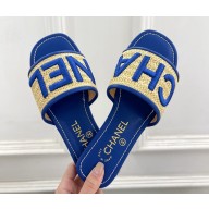 ‎Chanel flat slippers with embroid logo blue 2025