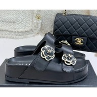 Chanel Camellia platform calf leather mules black 2025