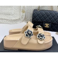 Chanel Camellia platform calf leather mules beige 2025