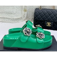 Chanel Camellia platform calf leather mules green 2025