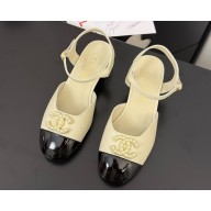 Chanel Lambskin and patent Calfskin mary janes with CC pearl logo black/white heel 4.5cm 2025 