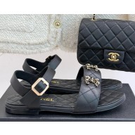 Chanel Flat sheepskin double C chain sandals black 2025