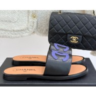 Chanel Flat sheepskin slippers black/purple 2025