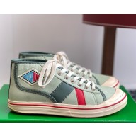 Bottega Veneta women/men Eliot Sneaker Mid-top lace-up sneaker in canvas with leather trims  White jade/aloe 2025