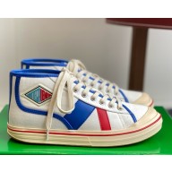 Bottega Veneta women/men Eliot Sneaker Mid-top lace-up sneaker in canvas with leather trims White/surf 2025