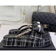 Chanel platfrom double c slipper with bow and pearl black 2025