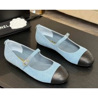 Chanel Mary Janes Cotton & Lambskin G46379 light blue & Black 2025