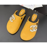 Chanel suede mule with crystal CC logo yellow 2025