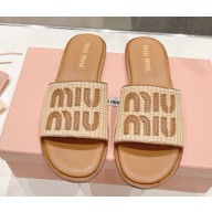 MIU MIU logo-patch raffia slides beige 2025