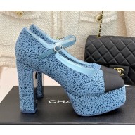 Chanel heel 11cm platform 4cm Mary Janes Cotton Tweed & Grosgrain G46434 blue & Black 2025