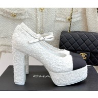 Chanel heel 11cm platform 4cm Mary Janes Cotton Tweed & Grosgrain G46434 White & Black 2025