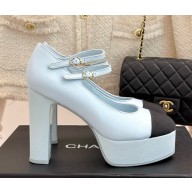 Chanel heel 11cm platform 4cm Mary Janes Lambskin & Grosgrain G46433 Light Blue & Black 2025