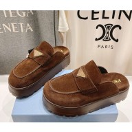 Prada flatform with metal triangle logo mules suede brown 2025