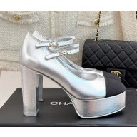 Chanel heel 11cm platform 4cm Mary Janes Laminated Lambskin & Grosgrain G46433 Silver & Black 2025