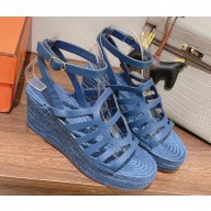 Hermes heel 8.5cm Platform 5cm calf leather espadrille sandals blue 2025
