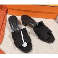 Hermes Oran sandal fringed linen canvas black heel 5cm 2025