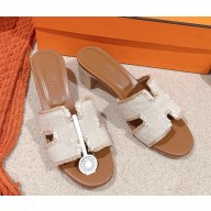 Hermes Oran sandal fringed linen canvas beige / naturel heel 5cm 2025