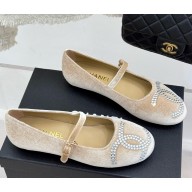 Chanel mary janes velvet CC crystal logo beige 0317-2025