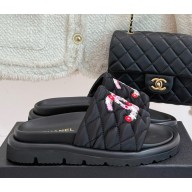 Chanel mules silk with flowers printing black 2025