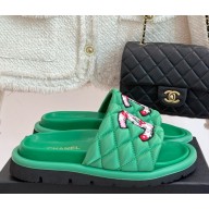 Chanel mules silk with flowers printing green 2025