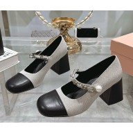 MIU MIU Canvas and leather mary janes Black/Brandy heel 7.5cm/4.5cm 2025