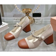 MIU MIU Canvas and leather mary janes Beige/Brandy heel 7.5cm/4.5cm 2025