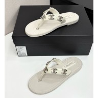 Chanel lambskin thongs with cc crystal logo white 2025