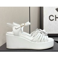 Chanel Camellia lambskin wedge sandals white 2025