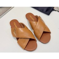 Prada slides sandals triangle logo brown calf leather 2025