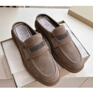 Brunello Cucinelli Suede penny mules loafers with monili light grey 2025