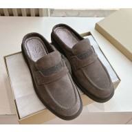 Brunello Cucinelli Suede penny mules loafers with monili dark grey 2025