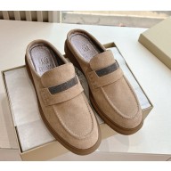 Brunello Cucinelli Suede penny mules loafers with monili beige 2025