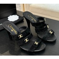 Chanel sandals suede double c black heel 8cm 2025