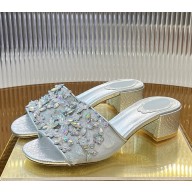 Rene Caovilla heel 4.5cm crystal-embellished mules silver 2025 