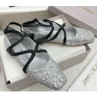 Jimmy Choo Astoria Flat Coarse Glitter Fabric silver 2025