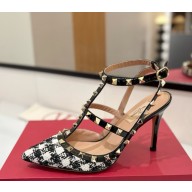 Valentino Garavani heel 10cm Roman Stud tweed Pointy Toe sandal black/white 2025