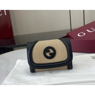 Gucci Blondie card case 818795 Natural cotton linen canvas Black leather trim 2025