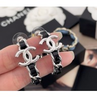 Chanel Hoop Earrings Metal & Goatskin Silver & Black ABF160 2025