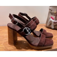 Hermes keen 90 sandal in suede calfskin with signature Glenan buckle dark brown 2025 